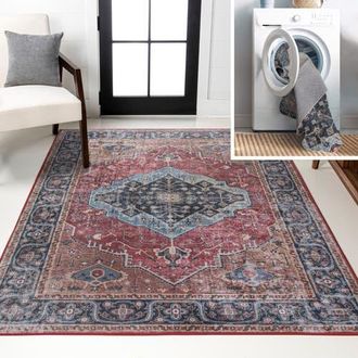 Jonathan Y Designs Alacati Ogee Medallion Machine-Washable Area Rug in Red/blue/brown at Nordstrom, Size 2Ft 0In X 8Ft 0In