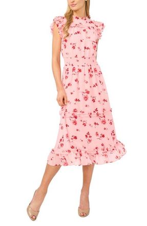 CeCe by Cynthia Steffe Floral Print Flutter Sleeve Smocked Midi Dress in Coral Bloom at Nordstrom, Size Xx-Large