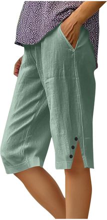 Generic Linen Shorts Women Knee Length Summer Cotton Linen Elasticated Waist Shorts with Pockets Wide Leg Lightweight Breathable Knee Length Pants Loose Fit C