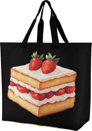 Generic Strawberry Cake Tote Bag Reusable Grocery Shopping Bags Large Travel One Shoulder Handbag for Picnic Work