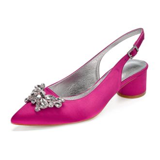 Generic Womens Pumps Pointed Toe Bridal Chunky Heel Slingback Heels Wedding Prom Party Dress Low Heels 4.5Cm,Rose red,7 UK