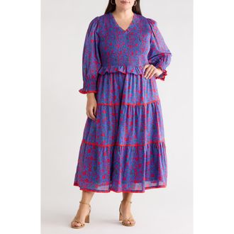 Sugarlips Tanya Floral Print Smocked Maxi Dress in Blue-Fuchsia at Nordstrom, Size 3X