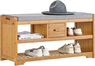 SoBuy SoBuy Bamboo 2 Tiers Shoe Rack Shoe Bench with Seat Cushion, Hallway Shoe Storage Bench with Drawer,FSR75-N
