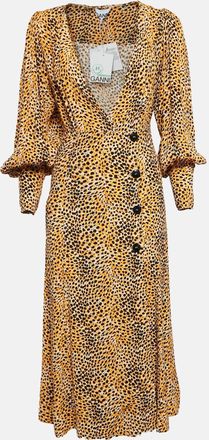Ganni Ganni Yellow Leopard Print Crepe Buttoned Midi Dress