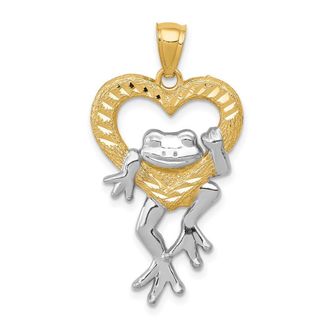 Diamond2Deal 14k Yellow Gold Rhodium Diamond-Cut Frog in Heart Pendant