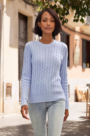 Lascana Rundhalspullover LASCANA, Damen, Gr. 32/34, hellblau, Strick, Obermaterial: 50% Baumwolle, 50% Polyacryl, unifarben, figurumspielend h&uuml;ftlang, Rundhal