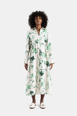 Erdem Womens Green Floral Linen Midi Shirt Dress