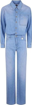 Elisabetta Franchi Denim Jumpsuit Met Tekstopdruk - Dames - Jumpsuits - Blauw - S - Denim - Jumpsuits & Playsuits