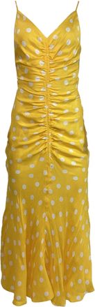 Carolina Herrera Ruched Polka Dot Midi Sleeveless Dress in Yellow Viscose