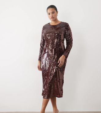 Vila vestito lungo con paillettes e maniche lunghe bordeaux-Rosso