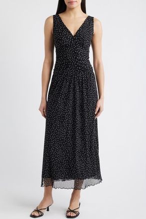 Loveappella Polka Dot Ruched Mesh Maxi Dress in Black at Nordstrom, Size X-Small