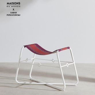Maisons du monde Taburete de acero blanco y tela con damero color teja