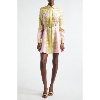 Versace Barocco Print Belted Long Sleeve Silk Shirtdress in Pale Yellow Rose Quartz at Nordstrom, Size 10 Us