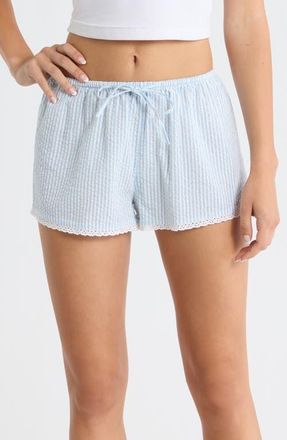 Open Edit Seersucker Boxer Sleep Shorts in White- Blue Hickory Stripe at Nordstrom, Size X-Small
