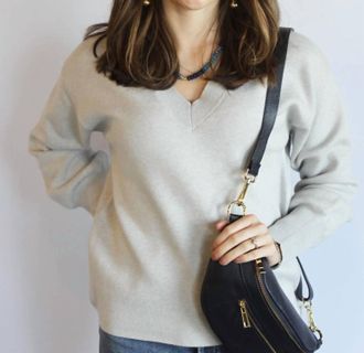 OAT New Yor Balloon Sleeve V-Neck Sweater In Harbour Grey