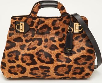 Ferragamo Brown/black Leopard Print Calf Hair And Leather Satchel
