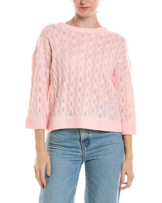 Fort&eacute; Cashmere 3/4-Sleeve Pointelle Cable Crewneck Cashmere Sweater