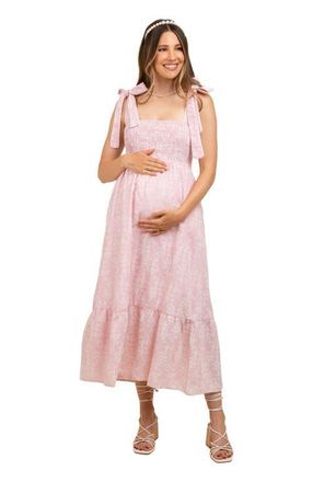 Pinkblush Floral Smocked Shoulder Tie Midi Dress at Nordstrom, Size Medium