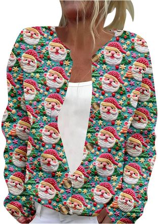 Generic Womens Floral Print Long Sleeve V-Neck Sweaters Christmas Cozy Lightweight Cardigans Personalised Christmas Casual Knitted Sweater Printed Cardigan Wa