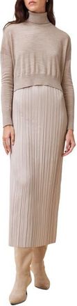 AllSaints Vittoria Merino Wool High-Low Sweater & Micropleat Midi Dress Set in Fawn Brown at Nordstrom, Size Medium