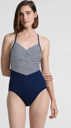 Lands End Slender Suit V-neck Pleated X-back One Piece Swimsuit Adjustable Straps in Deep Sea Navy Mini Stripe at Nordstrom, Size 14