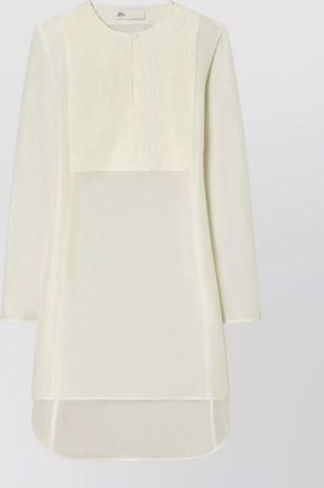 Tory Burch silk linen pleated long-sleeve round-neck high-low hem knee-length dress