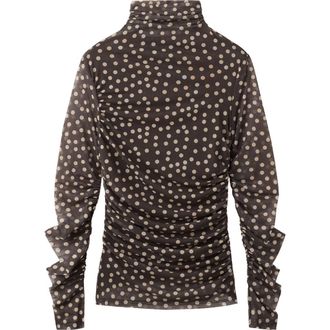 Mango Polka Dot Ruched Turtleneck Mesh Top in Brown at Nordstrom, Size X-Small