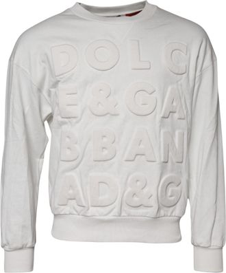 Dolce & Gabbana White Embossed Logo Cotton Crew Neck Mens Sweater (Pre-Owned)