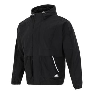 adidas Mens adidas Loose Logo Casual Woven Windproof Hooded Jacket Autumn Black H40211