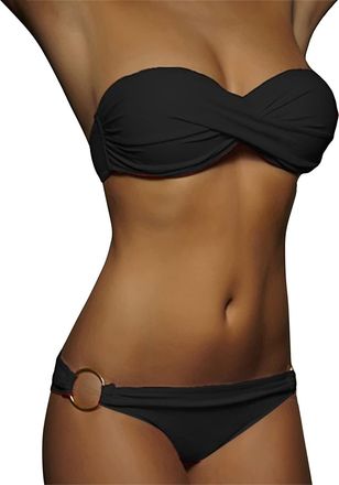 Generic Womens Strapless Bandeau Bikini Set Push Up Padded Bandeau Bikini Sets for Women UK Sexy Halter Bikinis Top & String Bottom Backless Swimming Costume 
