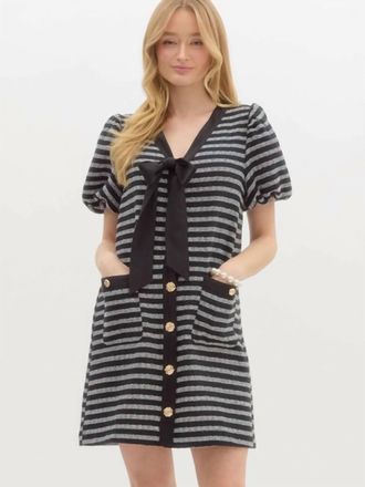 Entro Stripe Boucle Bubble Sleeve Mini Dress In Ecru Black