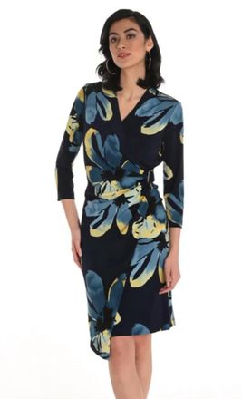Frank Lyman Design Floral Print Faux Wrap Dress With Buckle In Navy/multi