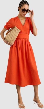 Baukjen Bella Organic Cheesecloth Midi Dress in Tangerine at Nordstrom, Size 6