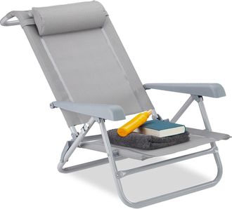 Relaxdays Relaxdays - Tumbona Plegable Con Reposacabezas, Abrebotellas, Reposabrazos Ajustable, Pl&aacute;stico, Acero, 120 Kg, Gris