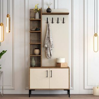 Dmora Mueble De Entrada Loredana, 4 Estantes, Perchero, 2 Puertas, 90x35x200h Cm Marr&oacute;n Nogal