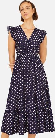 Yumi Spot Ruched Waist Midi Dress in Navy at Nordstrom, Size 10