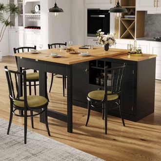 Merax Rotating Kitchen Island Bar Table with Wine Rack, 2 Storage Drawers in Black