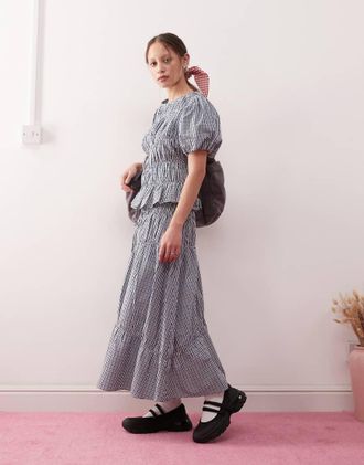 Reclaimed Vintage midi western skirt with ruching detail in blue plaid-Multi