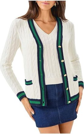 Lilly Pulitzer Brockton Cardigan Womens Sweater Coconut X Fiddle Leaf Green Tipping : XXS, Cotton