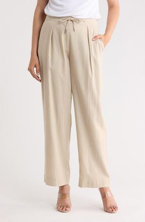 DKNY Pleated Linen Drawstring Wide Leg Pants in Pebble at Nordstrom Rack, Size 16