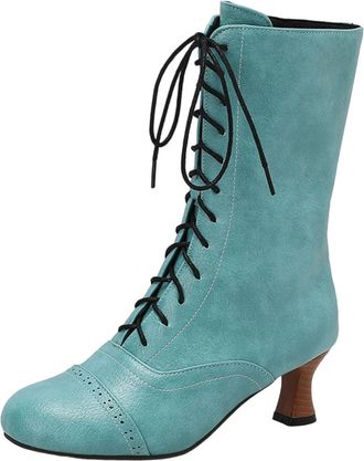 Generic Ankle Boots For Women UK, High Heels For Women, Fashion Solid Color Lace Up Waterproof Booties Autumn Winter Casual Round Toe Mid Calf Booties