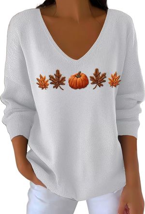 Generic Womens Casual Autumn Pumpkin Striped Long Sleeve T Shirt Pumpkin Shirt Fall Sweatshirts for Women Loose Fit Pullover Sweater (White, M)