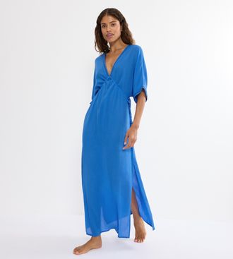 Triumph Strandkleid TRIUMPH, Damen, Gr. 36, N-Gr, very blau, Web, Obermaterial: 100% Viskose, bequem lang, tiefer V-Ausschnitt, Kleider Strandkleid, mit tiefe