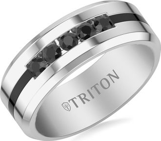 Triton 8MM Tungsten Carbide Ring with Channel Set Black Sapphires and Black Tungsten Line with Step Edge in Metallic Silver at Nordstrom, Size 12.5