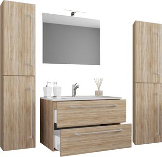 ebuy24 Ebuy24 - Vcm 5pcs Lavabo Lavabo Gabinete Inferior Ancho 60 Cm Muebles De Ba&ntilde;o Conjunto Con Cajones Espejo De Puertas Giratorias Badinos (sonoma Oak)