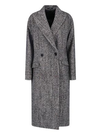 Tagliatore Double-Breasted Black Herringbone Coat with Pointed Lapel
