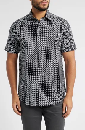 Bugatchi Miles OoohCotton Geo Print Short Sleeve Button-Up Shirt in Black at Nordstrom, Size Medium