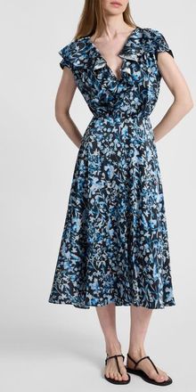 Santorelli Mandy Faux-Wrap Cap Sleeve Midi Floral Dress in Midnight at Nordstrom, Size 10