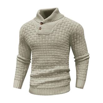 Generic Mens Winter Jumpers Warm Knitted Stand Collar Jumper Long Sleeve Knitwear Pullover Sweaters for Men Buttons Twisted Winter Tops (Light Yellow, L)