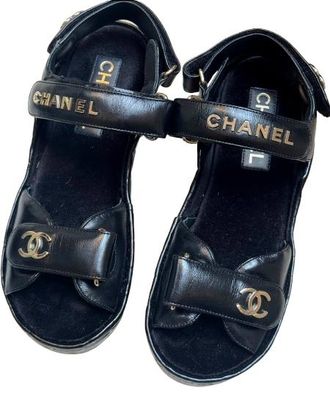 Chanel Quilted Black Leather Logo Velcro Strap Wedge Sandals Size 36
